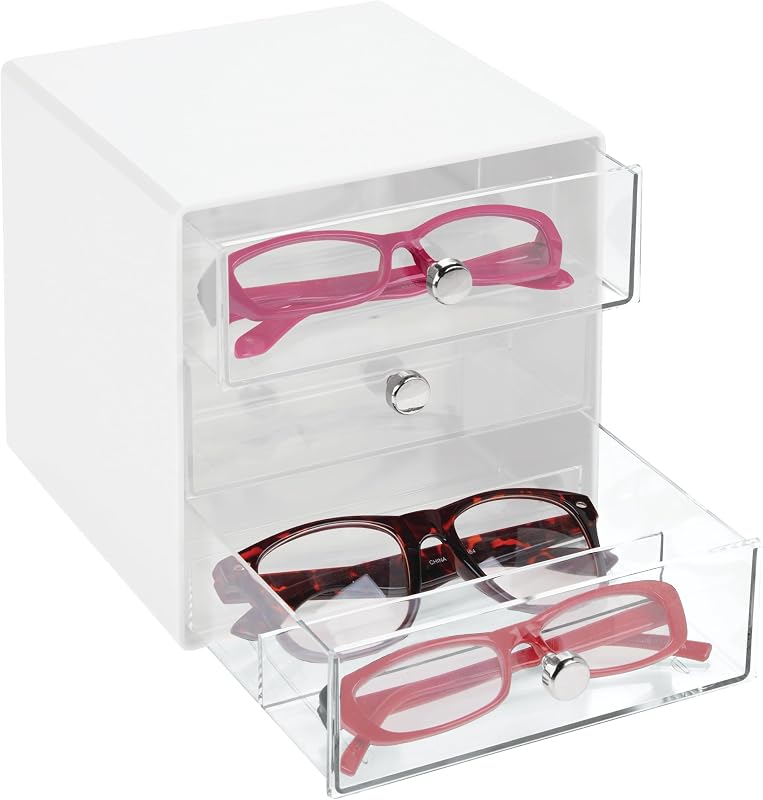 InterDesign Organizador apilable dividido de 3 cajones para lentes, lentes de sol y lectores - Blanco/Transparente