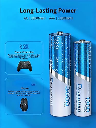 Miniatura 3 de Baterías recargables AA y AAA con cargador, 4 pilas AA de 3600 mWh 4AAA de litio de 1300 mWh con alta potencia de 1.5 V, más de 2000 ciclos,