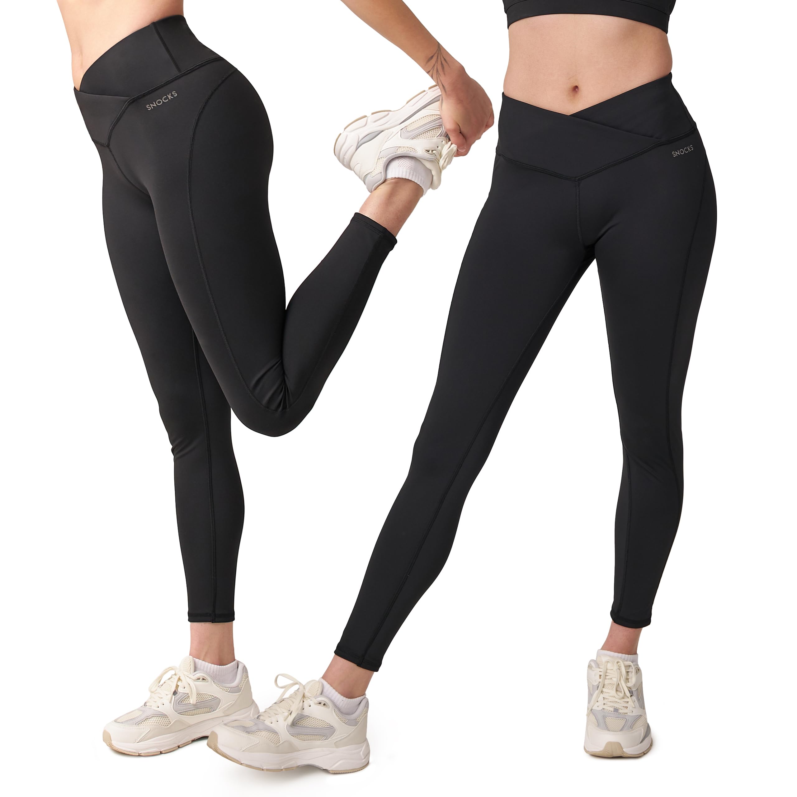 Snocks High Waist Sport Leggings Damen V Cross – Leggins aus recyceltem Polyester – blickdichte Sporthose für Yoga & Fitness – atmungsaktive Schwarze Sportleggins lang – Gr. XS-XL