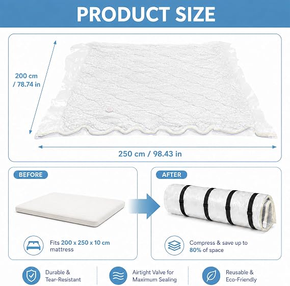 Mattress Vacuum Bag for Double & King Size up to 200x250cm – Vacuum Storage Bag for for Foam, Gel & Latex, Heavy Duty Waterproof Mattress Bags for Moving & Storage with Straps