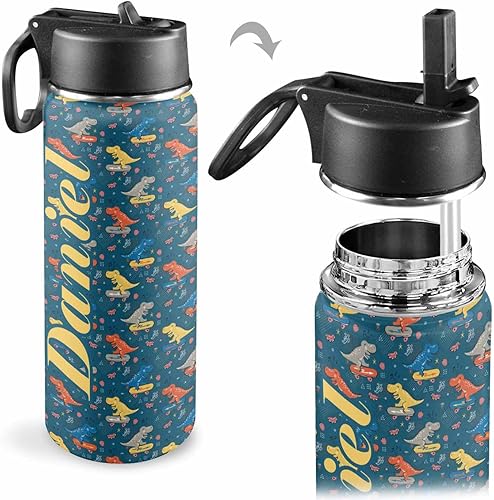 Miniatura 2 de Botella de agua personalizada de dinosaurio para niños con tapa de pajilla, suministros de regreso al seol para niños y niñas, taza de viaje de