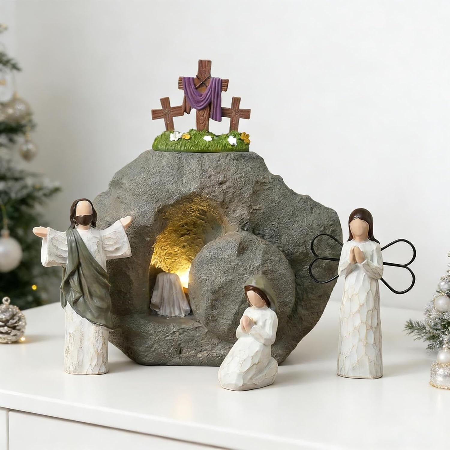 Easter Resurrection Scene with LED Lighting, Resin Empty Tomb Easter Resurrection Scene Religious Decorations for Table Mantel Home Office Christian Decoration