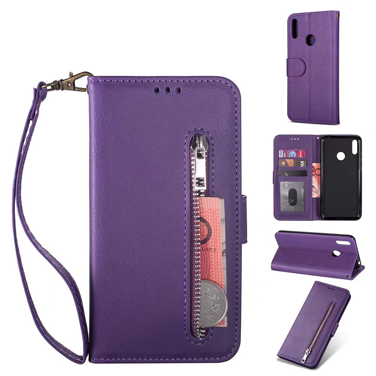 Jtailhne Compatible for Case Huawei Honor 8A Zipper Pocket Wallet Case-[Purple] PU Leather Magnetic Kickstand Cover with Card Slots,Wrist Strap & 2X Temper Glass Screen Protector