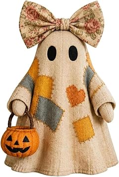 Lighted Vintage Patchwork Ghost, Halloween Decor for Mantel Shelf and Tiered Tray Arrangement, Rustic Farmhouse Style Ghost Figurine Measuring 10 x 8 x 7.5 cm