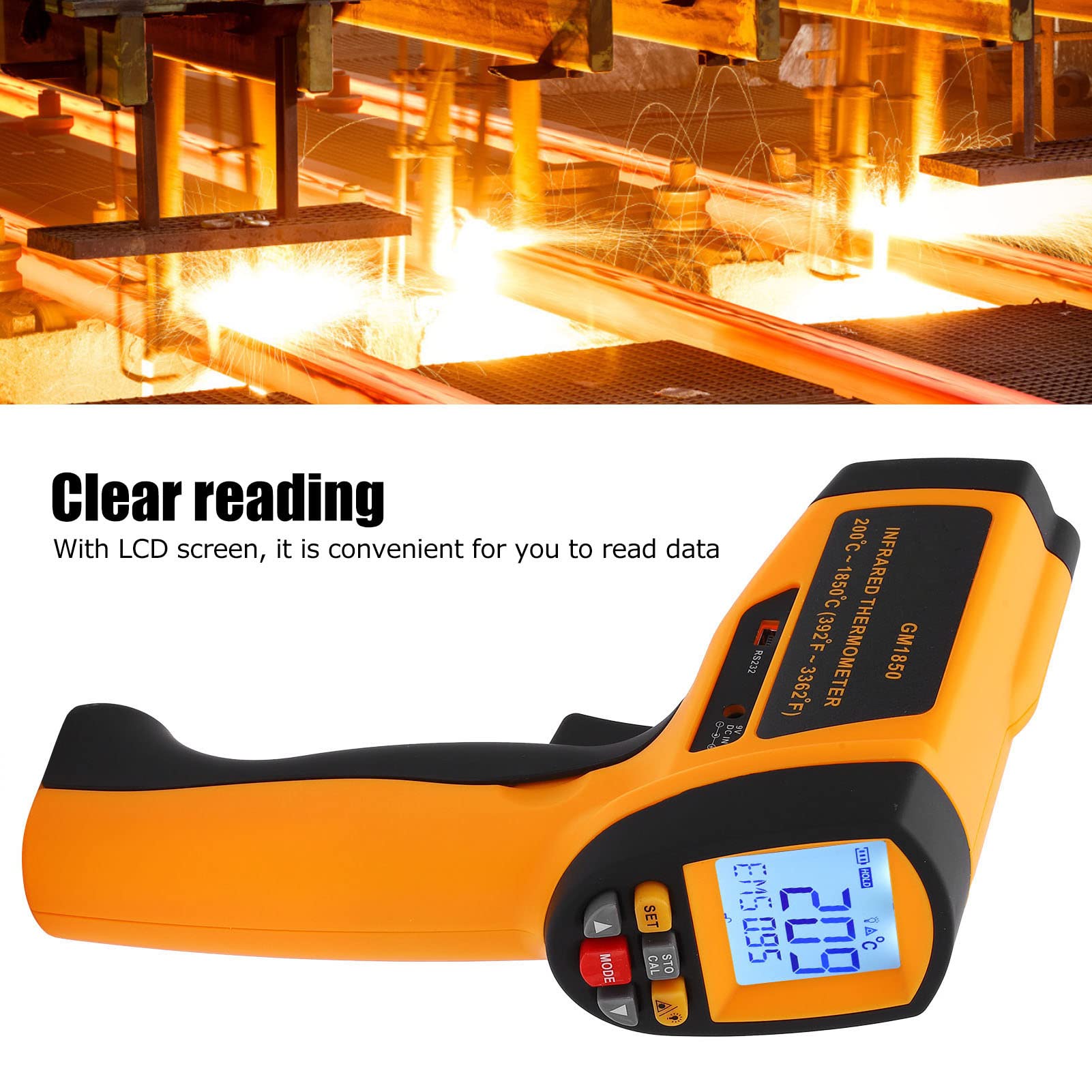Termómetro Infrarrojo GM1850 ABS Medidor de Temperatura sin Contacto 392 a 3362F Pantalla LCD de Emisividad Ajustable para Técnicos de Inspección Al Aire Libre de Hornos Industriales