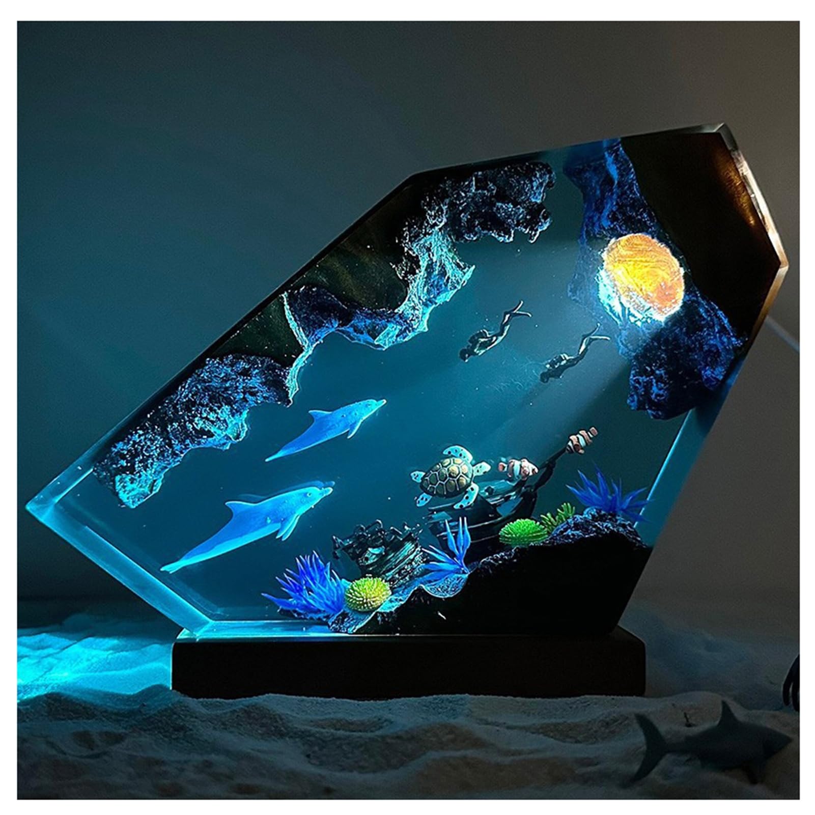 Veilleuse LED Océan, Résine Recyclée Faite À La Main Océan Dauphin Plongeur Lampe pour Bureau Bureau Salle De Bain Décor,8 * 5in