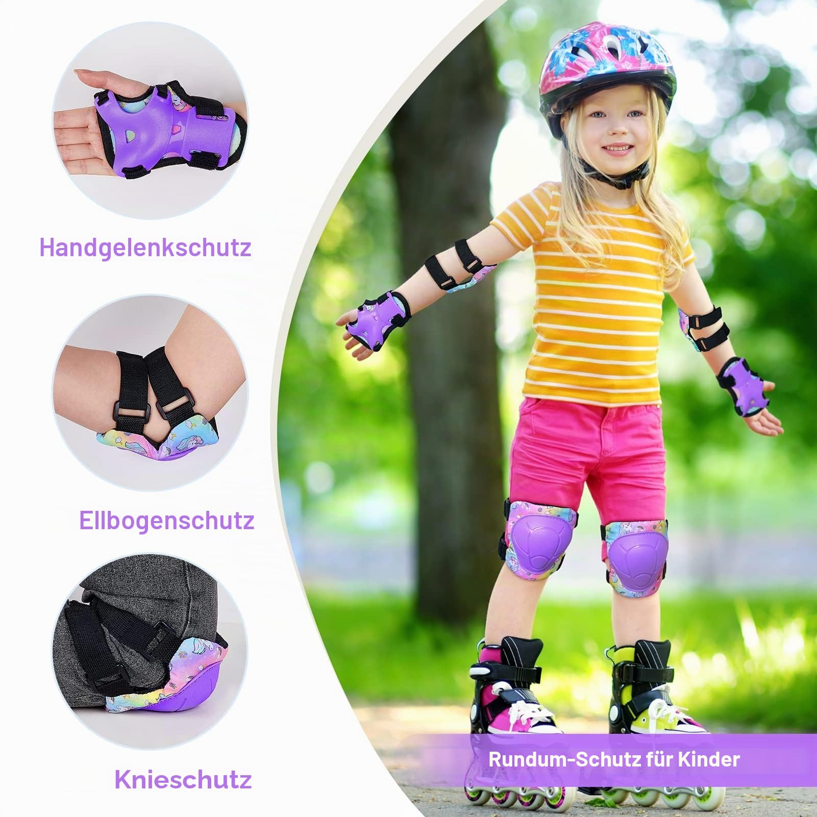 Unicorn Castle Knieschoner Kinder Schoner Set Inliner Schützer 6 in 1 Schutzausrüstung Kinder Ellenbogenschoner Handgelenkschoner Protektoren für 3-8 Jahre