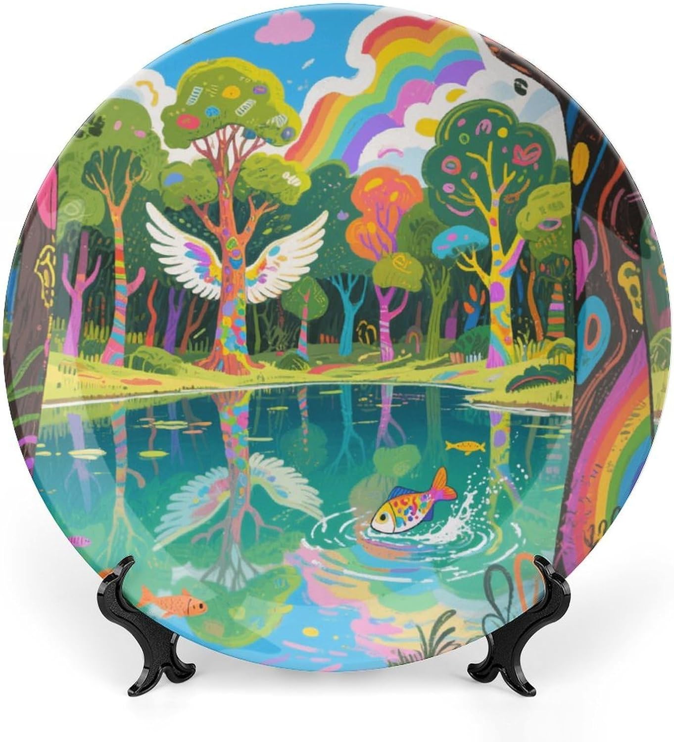 Bone China Decorative Plates Graffiti Lake Ceramic Decorative Plate Wall Decor with Display Stand Ceramic Ornaments for Wall Hanging Decoration