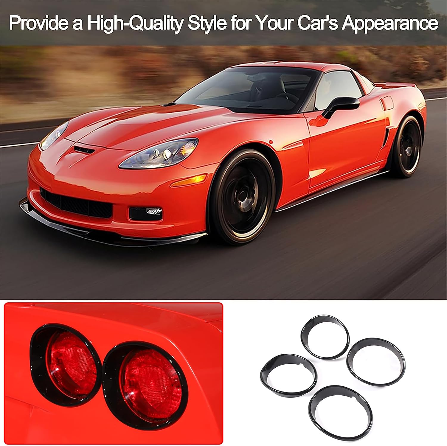 PIUGILH Tail Light Trim Cover Ring Fit for C6 Corvette 2005-2013 Exterior Accessories, ABS Car Rear Trunk Taillight Lamp Trim Cover, 4Pcs (Piano Black)