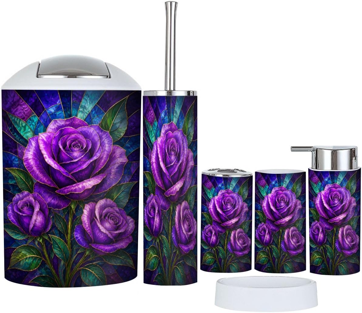 Vibrant Purple Roses Bathroom Accessories Set 6 Pcs