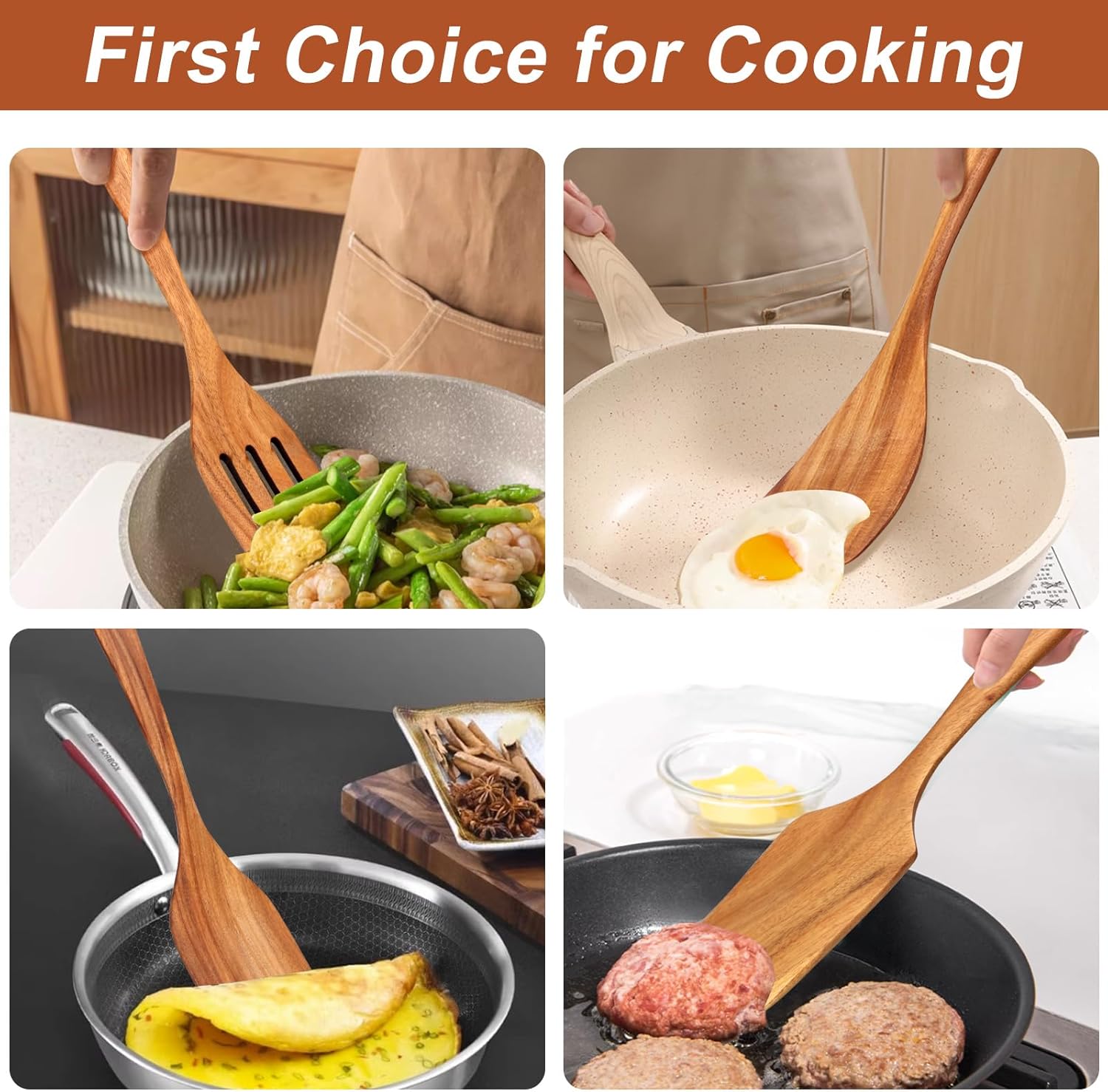 9 Pcs Wooden Spoons for Cooking Utensils with Utensil Holder Teak Wood Kitchen Utensils Set Flat Wooden Spatula Cooking Mixing Spoons Spaghetti Spoon Slotted Turner Scraper Spatula Large Utensils