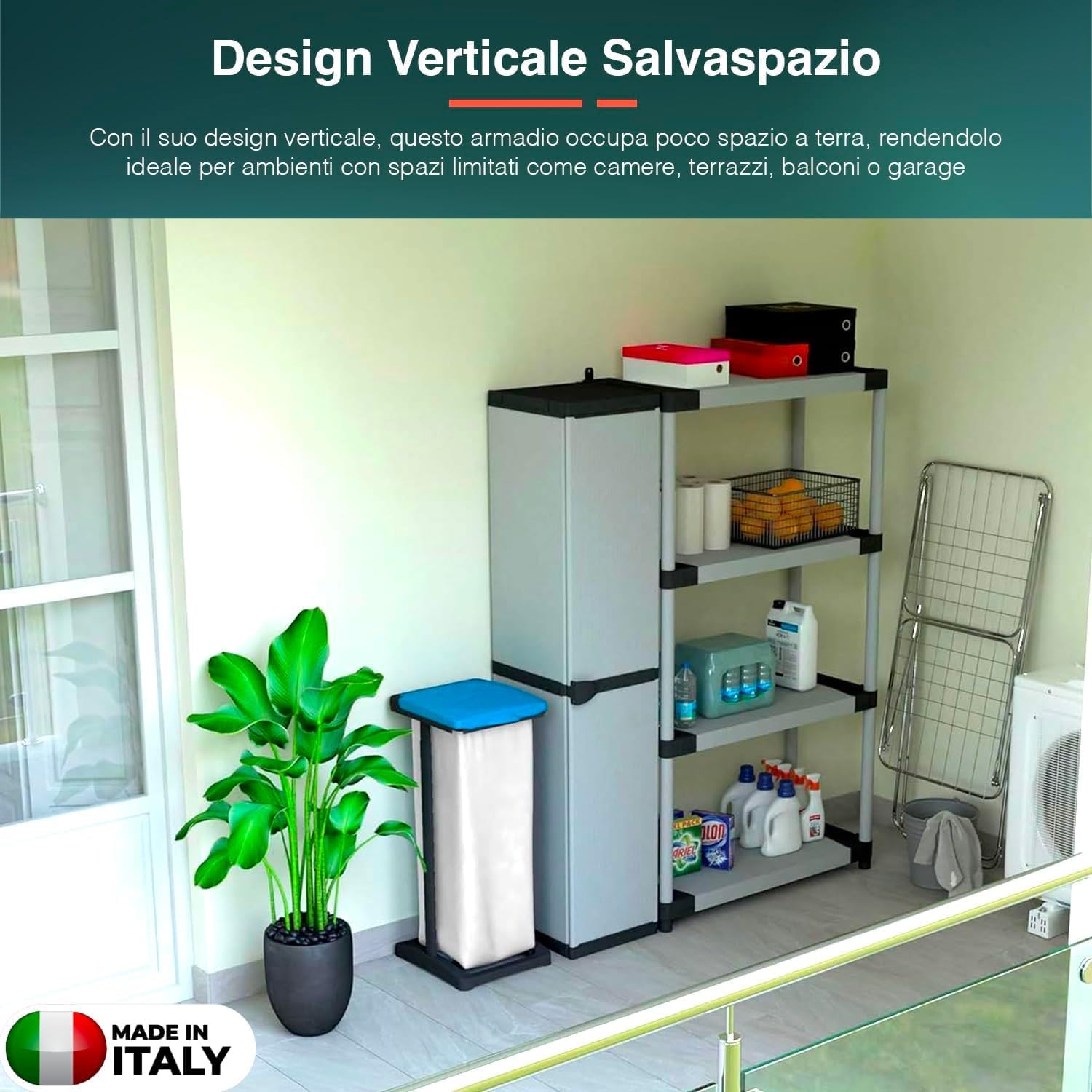 Avilia Armadio da Esterno Alto 1 Anta - Mobile Modulare Salvaspazio con 4 Ripiani, Montaggio Facile, Ottimo per Esterni e Interni, in Resina Termoplastica, Grigio e Nero, 34x39.5x168cm, Made in Italy