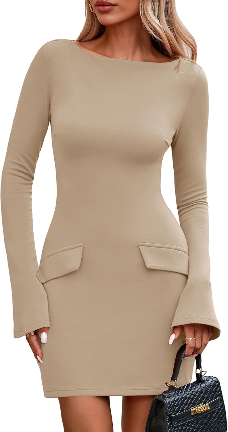 PRETTYGARDEN Womens Fall Long Sleeve Mini Dress 2025 Trendy Boat Neck Bodycon Knit Elegant Short Party Formal Dresses