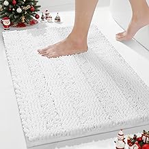Yimobra Bathroom Rug Mat, Non Slip and Super Absorbent Bath Mat, Machine Washable Quick Dry, Ultra Plush Chenille Shower Rugs for Bathroom Floor Sink Tub and Shower Outside, White, 24 x 17