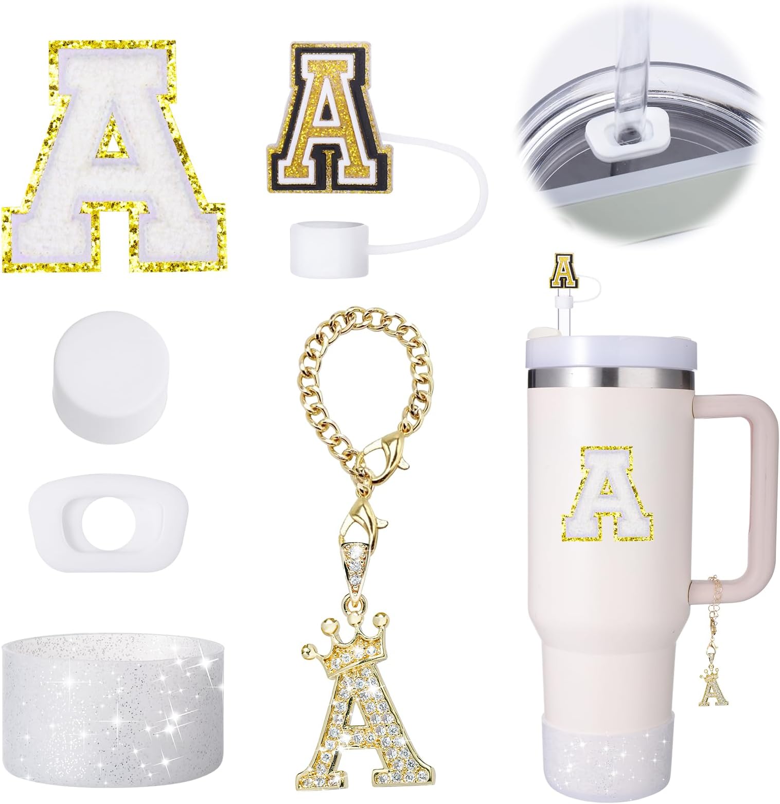 - Mity Rain 6-Piece Cup Accessory Set for Stanley 30 oz & 40 oz Tumbler with Handle, Straw Cover Cap, Cup Initials Charm, Silicone Boot, Spill-Proof Stopper (Round & Square), Letter A