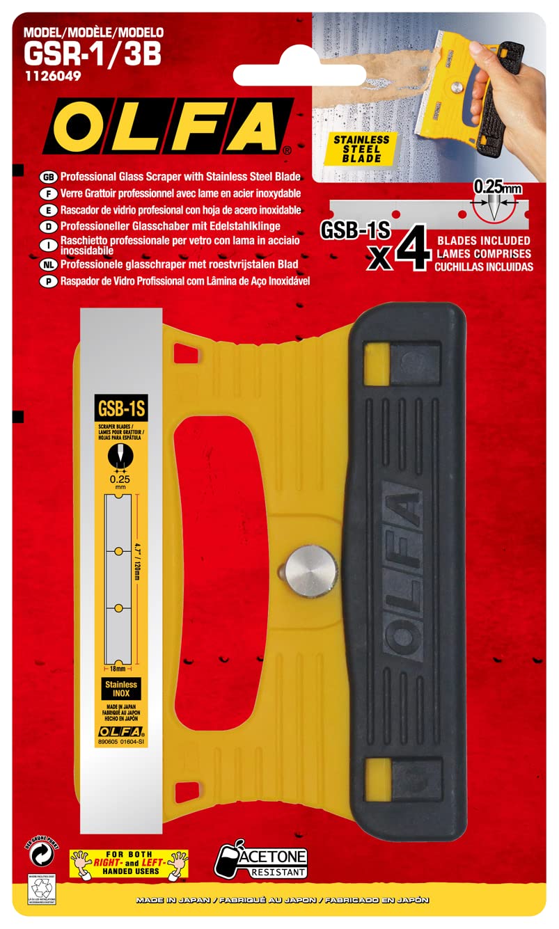 OLFA GSR-1/3B - Rascador de vidrio cuchilla inoxidable con 3 cuchillas Extra de 18 mm x 120 mm, Yellow/Black - Image 2