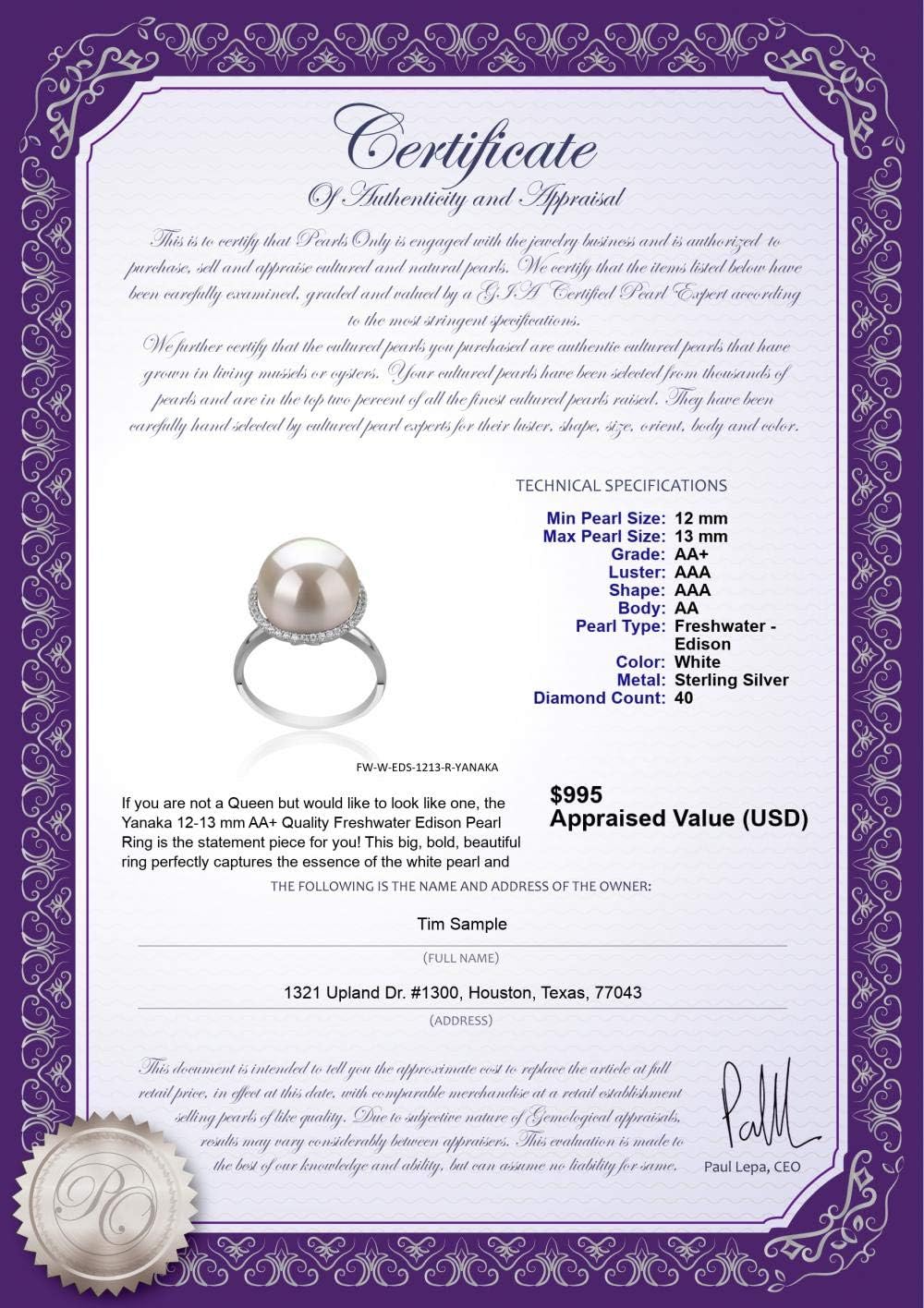 Yanaka White 12-13mm AA+ Quality Freshwater - Edison 925 Sterling Silver Cultured Pearl Ring For Women