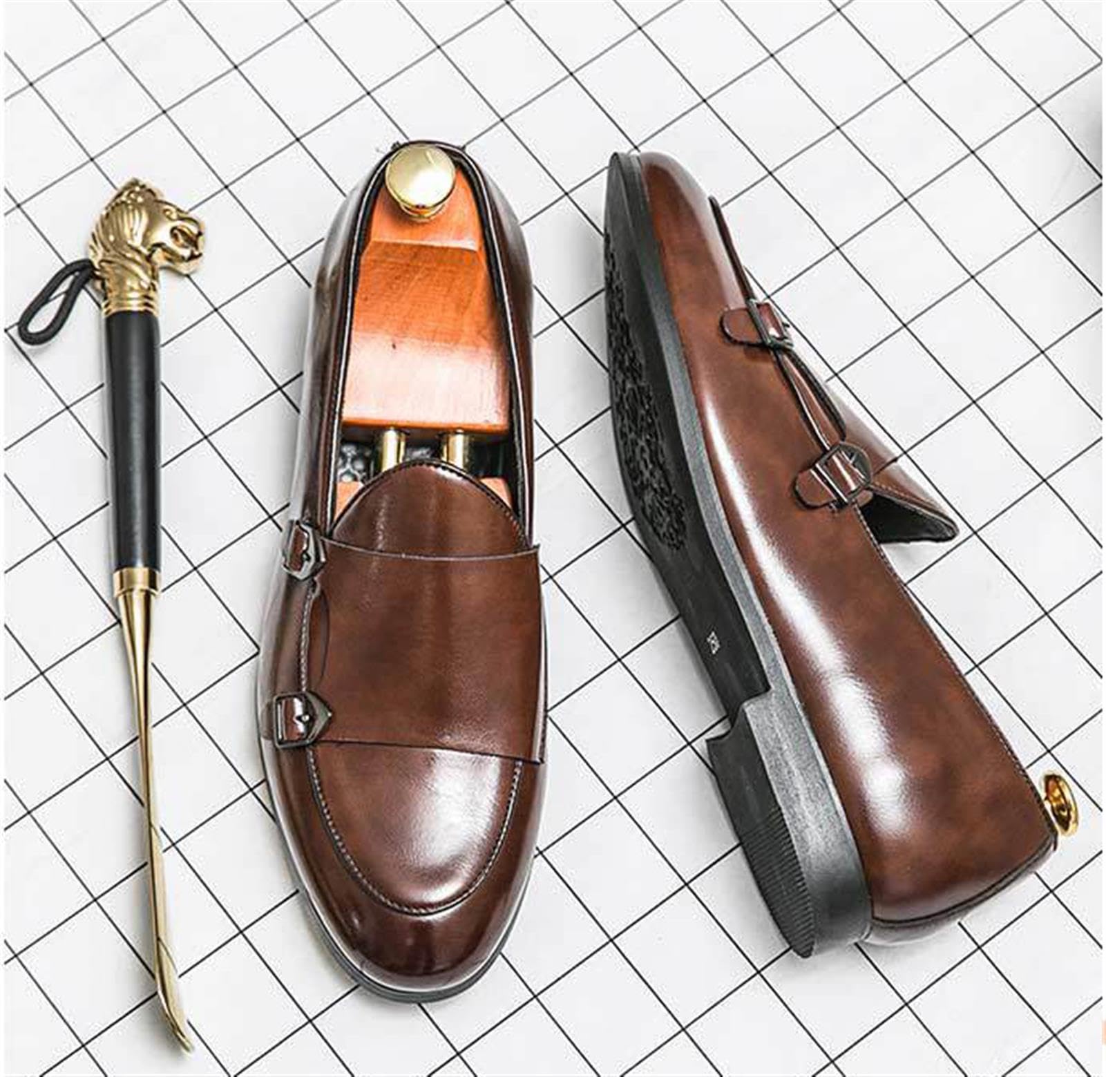 Brogue Scarpe da Uomo in Pelle Elegante Slip-On Double Monk Strap con Fibbia Casuale Scarpe da Sera Mocassini