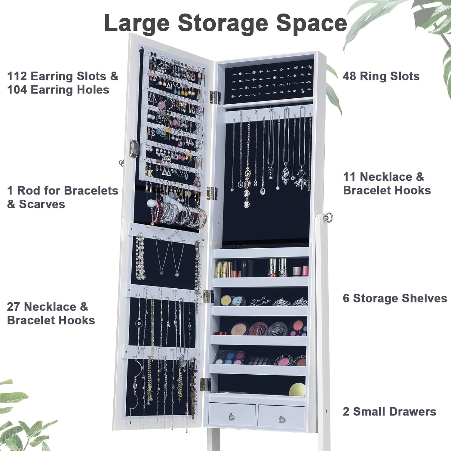 RELAX4LIFE Schmuckschrank mit Ganzkörperspiegel stehend Spiegelschrank neigungsverstellbar Schmuckaufbewahrung Schmuck-Organizer abschließbar Standspiegel mit 5 Ablagen & 2 Schubladen weiß