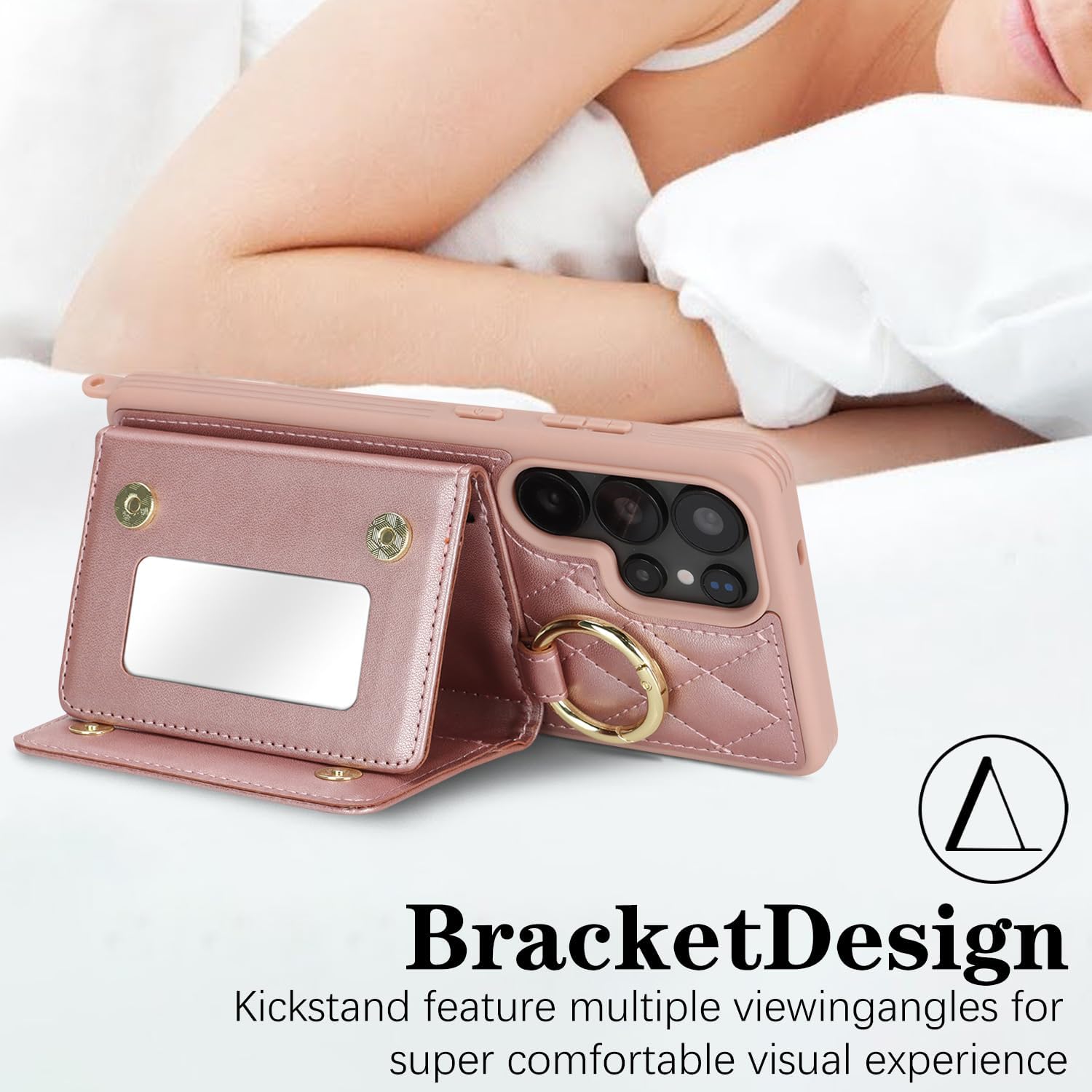 for Galaxy S25 Ultra Case with Card Holder and Strap for Women,Crossbody Lanyard, Make Up Mirror,Ring Stand,Snap Clasp,Cute Phone Wallet Cases 6.9 inch - Dark Rose Gold - Image 4