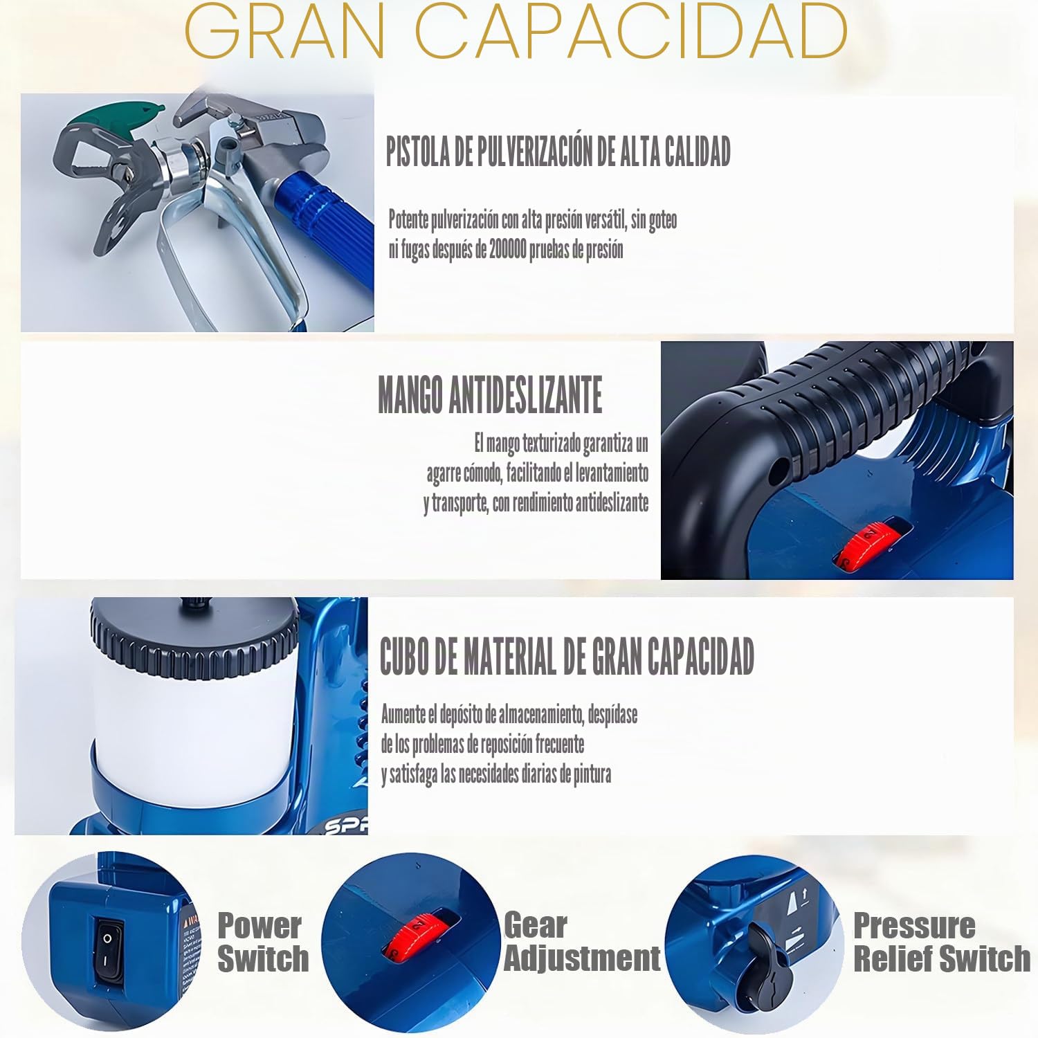 Pistola De Pintura Electrica 750 W, Maquina De Pintura Airless 1,2 L, 12,5 Mpa, Presión Ajustable En 6 Niveles, con 2 Baterías De 21 V Y Manguera De 1,80 M, 2 L/Min, para Paredes, Vallas