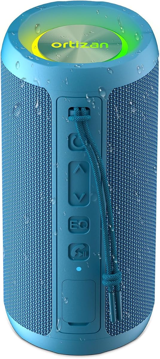 Ortizan Altavoz Bluetooth portátil inalámbrico, IPX7 impermeable, a prueba de polvo y óxido, potente sonido de 24 W, graves mejorados, batería de 30 horas, luz de fiesta de 360° y emparejamiento estéreo (BT 5.3), regalos - azul