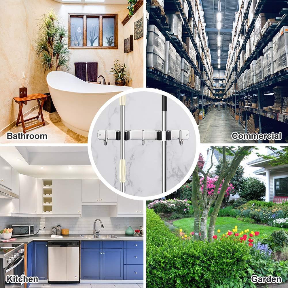 Mop Broom Holder Wall Mount Organizer Storage, Easy Install Screws or Self Adhesive Stainless Steel Tools Hanger for Kitchen Bathroom Closet Office Garden with 3 Racks 4 Hooks (2 Pack-Black Longer)
