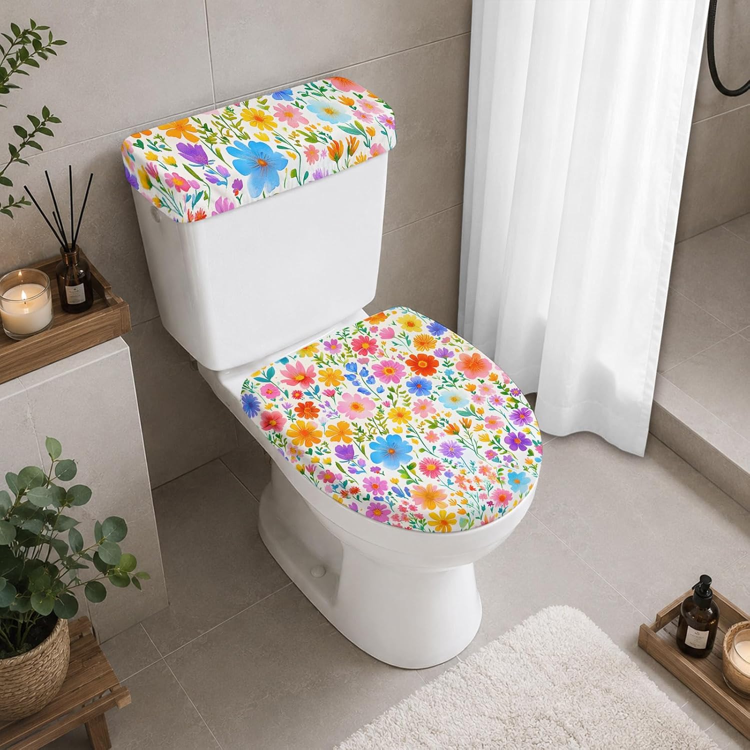 Colorful Spring Floral Elastic Toilet Lid and Tank Covers Set, Summer Watercolor Botanical Decorative Bathroom Decor, 2 Pcs Toilet Lid Cover and Toilet Tank Lid Cover with Elastic Bottom image 4