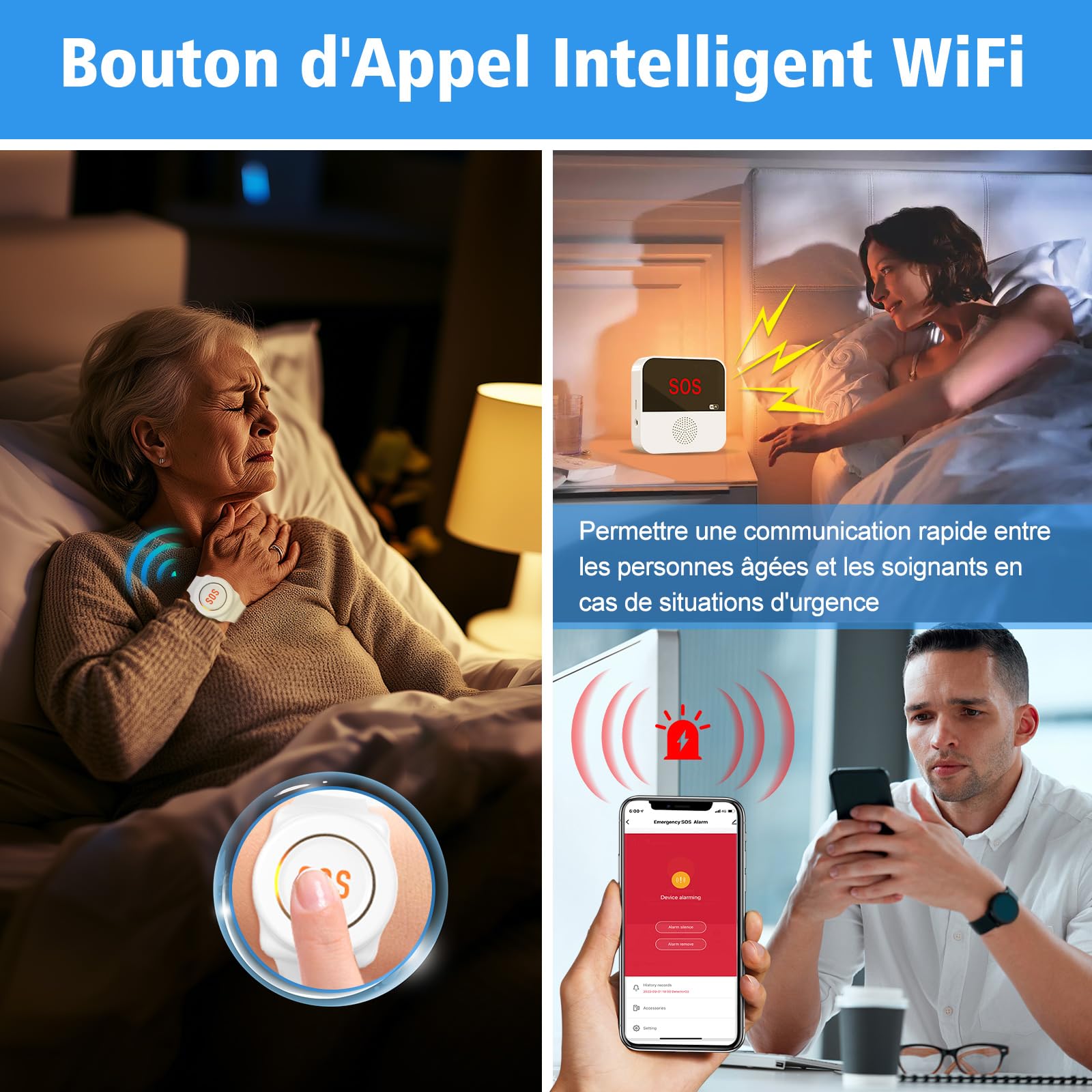 ChunHee Bouton d'appel d'urgence pour Personnes âgées avec WiFi Smart Senior Système d'alerte d'appel d'urgence pour Patients âgés handicapés | Connexion avec smartphone, plusieurs proches peuvent recevoir des notifications, protection IP55 pour la maison