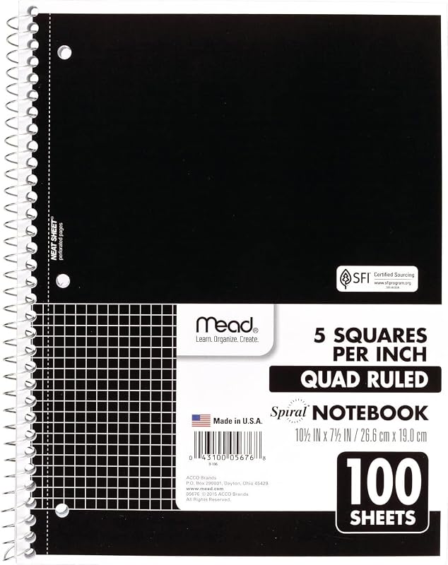 Cuaderno espiral Mead, 1 tema, papel rayado cuadriculado, 7-1/2" x 10-1/2", 100 hojas, negro (05676AA5)