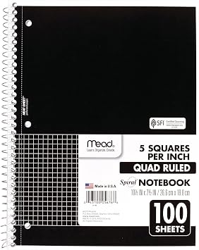Mead Spiral Notebook, 1 Subject, Graph Ruled Paper, 7-1/2 x 10-1/2, 100 Sheets, Black (05676AA5)