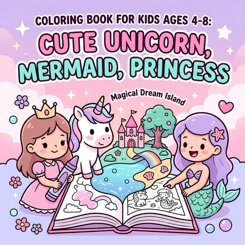 Cute Unicorn, Mermaid and Princess Coloring Book: Coloring Pages for Fantasy Lover, Magicale Dream Island, 8.5x8.5 inches, 102 Pages, Kids Ages 4-8