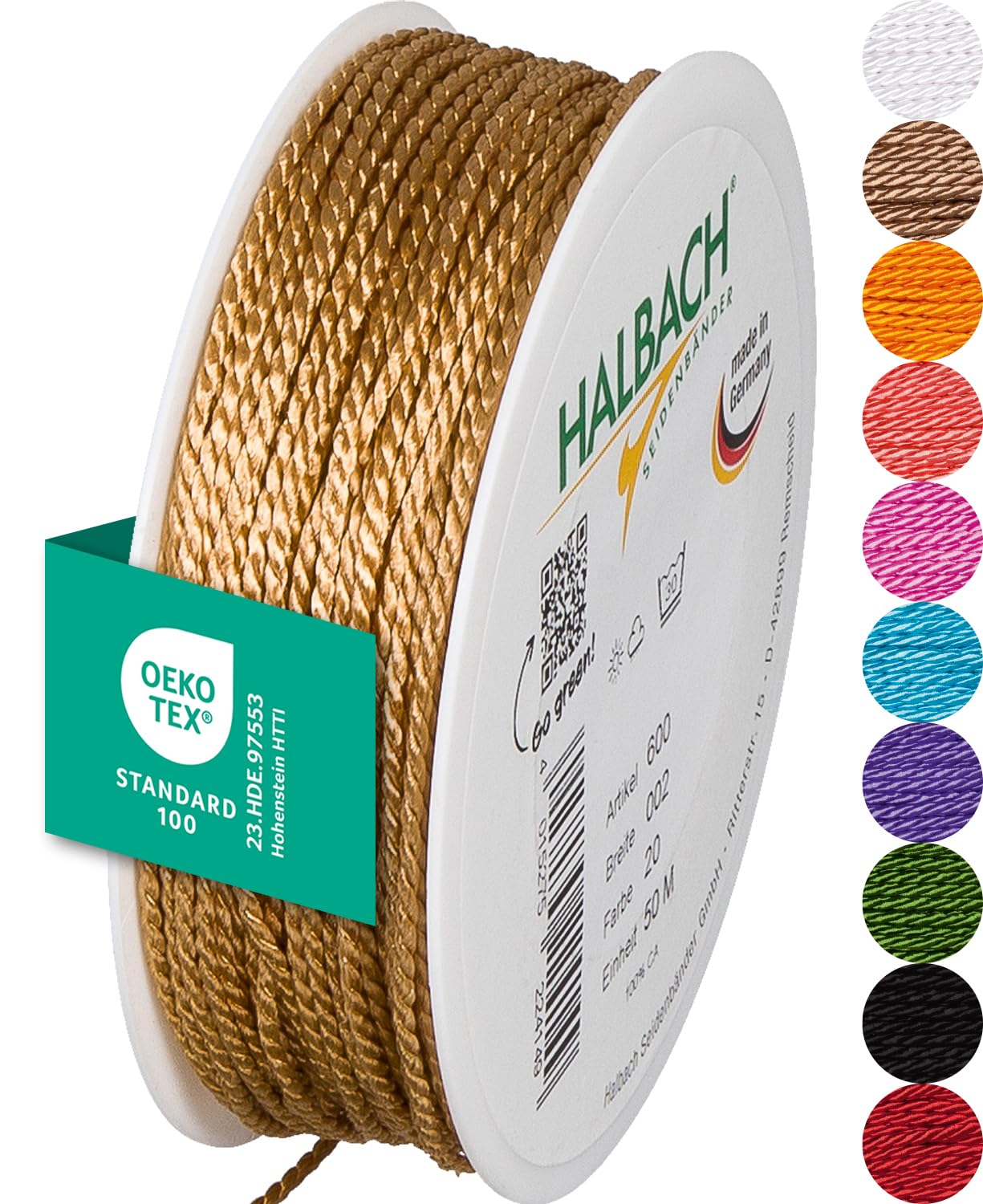 Halbach Seidenbänder Premium Kordel (apricot) | Breite 2mm Länge 50m | Made in Germany & Öko-Tex Zertifiziert | glänzende Satinkordel aus Acetat