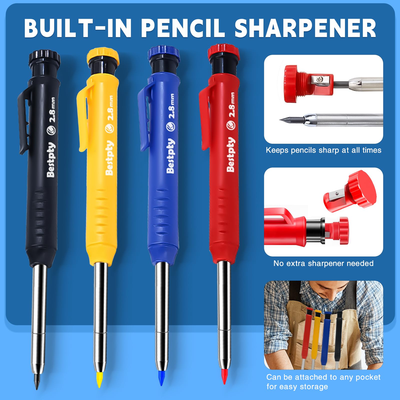Juego de 4 lápices de carpintero con sacapuntas, lápices mecánicos con 52 recambios y borrador, lápices de carpintería resistentes para arquitecto, marcador de agujeros profundos para construcción con