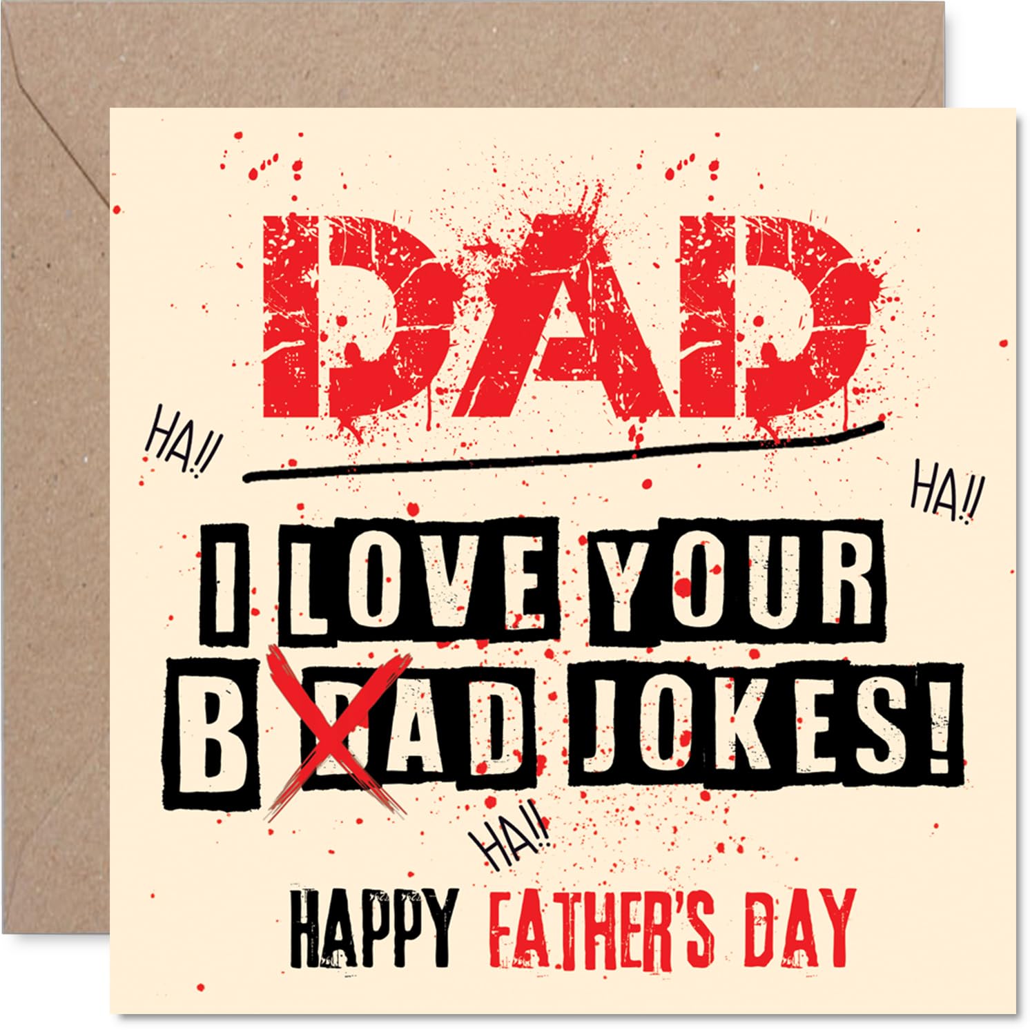 Funny Father's Day Card - Bold Banter and Bad Jokes - Splatter Effect Design with Playful Red and Cream Text - 145mm Square, Envelope Included