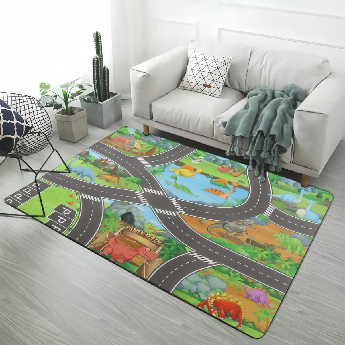 Tapis enfant garçon dinosaure et rues de ville pour décoration salle de jeux