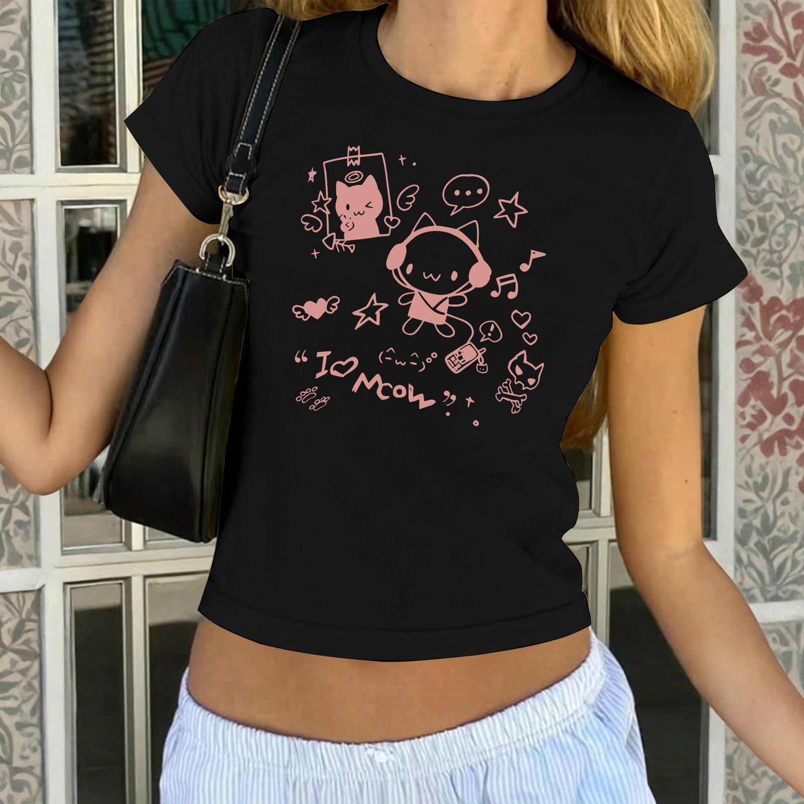 Oiiaayy Cute Baby Tees for Women Cat Kawaii Y2k Graphic Crop Top Harajuku Cartoon T Shirts Teen Girls Aesthetic Grunge Shirts: Black Small