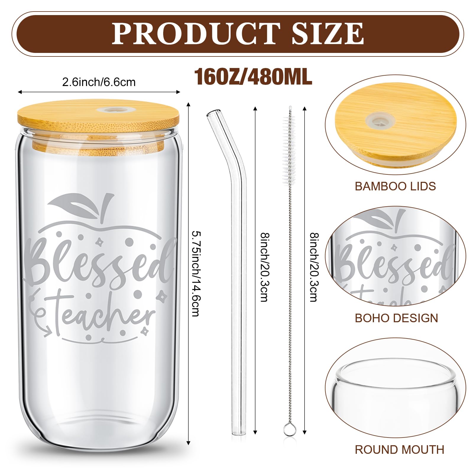 FoldTier Juego de 9 regalos de agradecimiento para profesores, regalos para profesores, taza de vidrio de 16 onzas con tapas, pajitas, cepillos, regalos de agradecimiento para profesores, regalos de