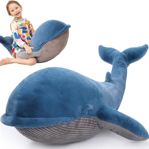 MaoGoLan Ballena de Peluche Rellena de 43 pulgadas, Almohada Grande de Peluche Ballena Azul de 4 pies, Juguete de Ballena Jorobada para Niños,