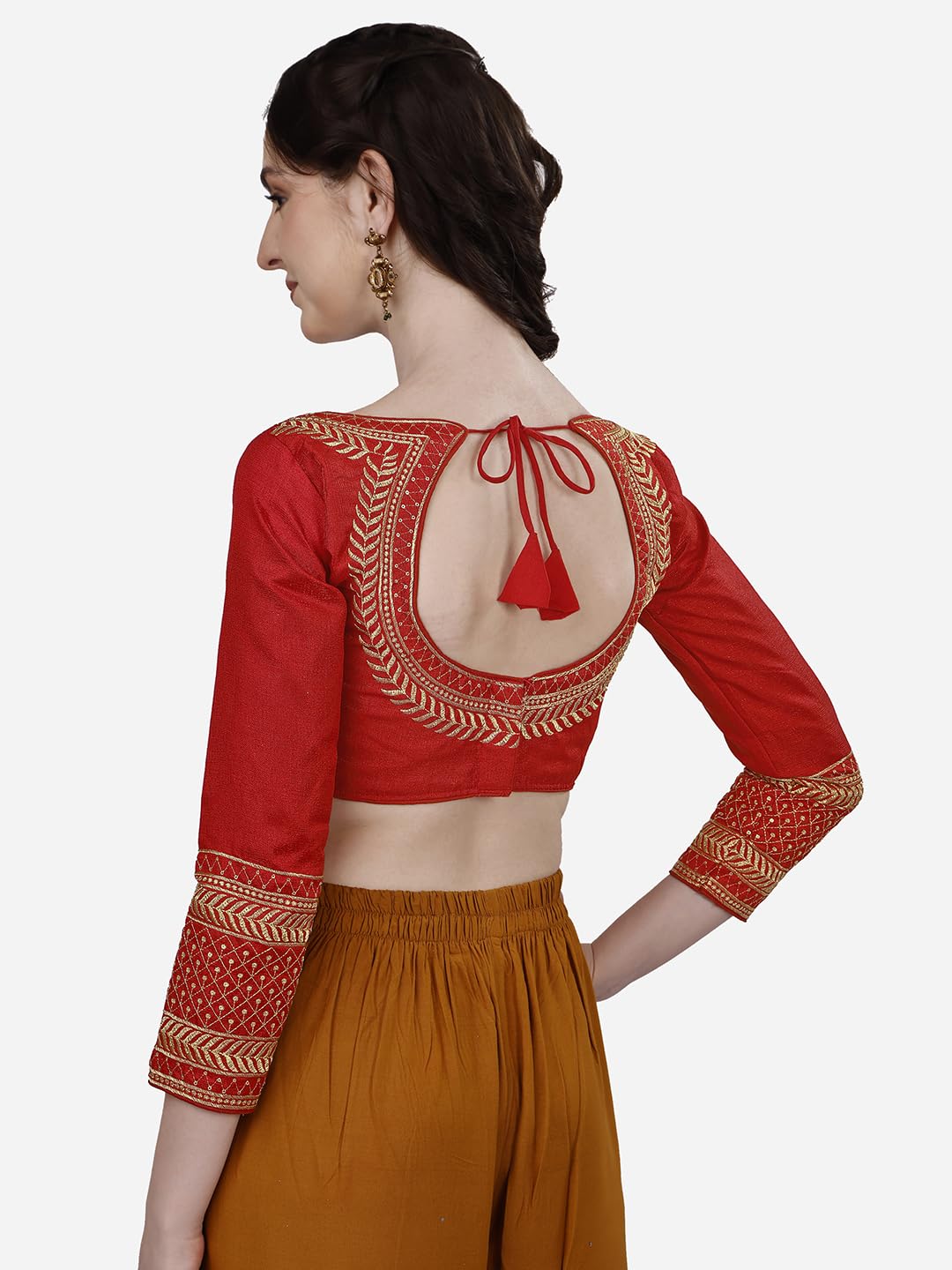 Pujia Mills Women's Milan Silk Heavy Embroidery with Sequins Worked Full Sleeve Fancy Saree Blouse Red(Charlie Red) 2