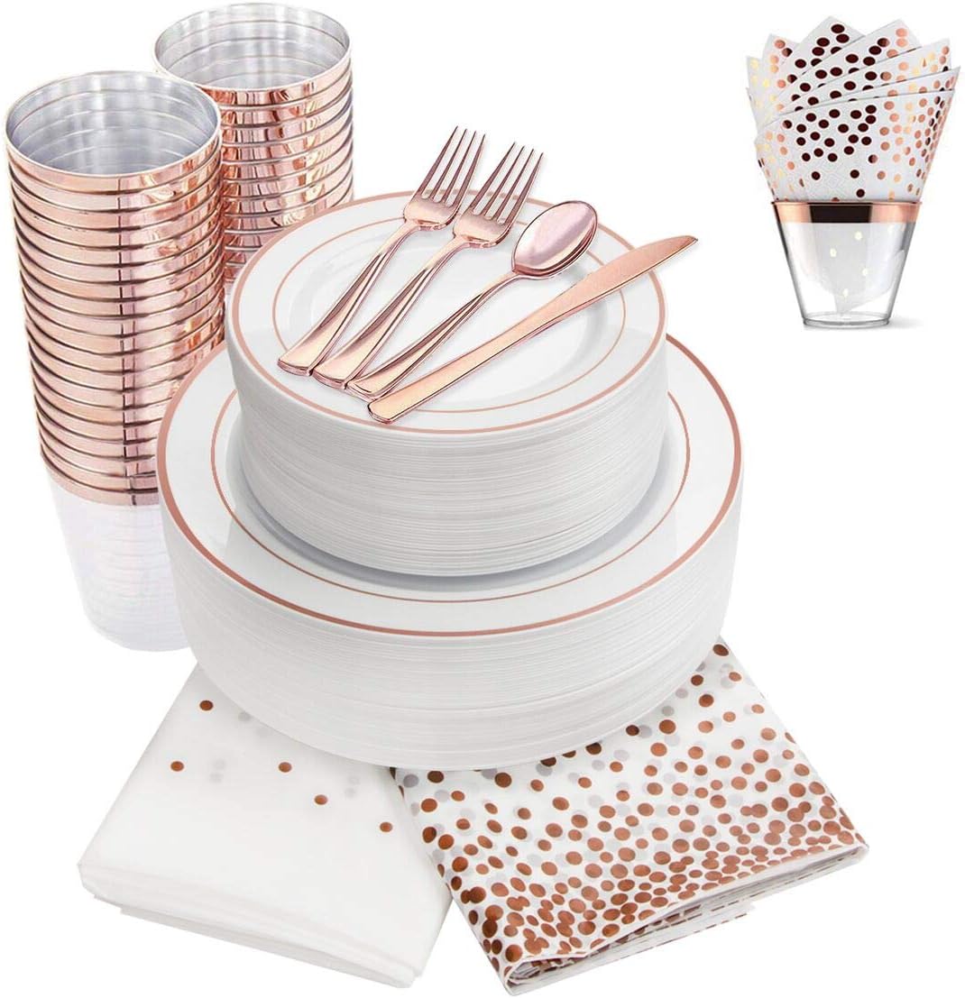 350 Piece Rose Gold Dinnerware Set, 100 Rose Gold Plastic Plates -50 Plastic Cups -50 Napkins -150 Cutlery set, 50 Guest Disposable Rose Gold Tableware Set (With: 4 Pack Matching Plastic Tablecloths)