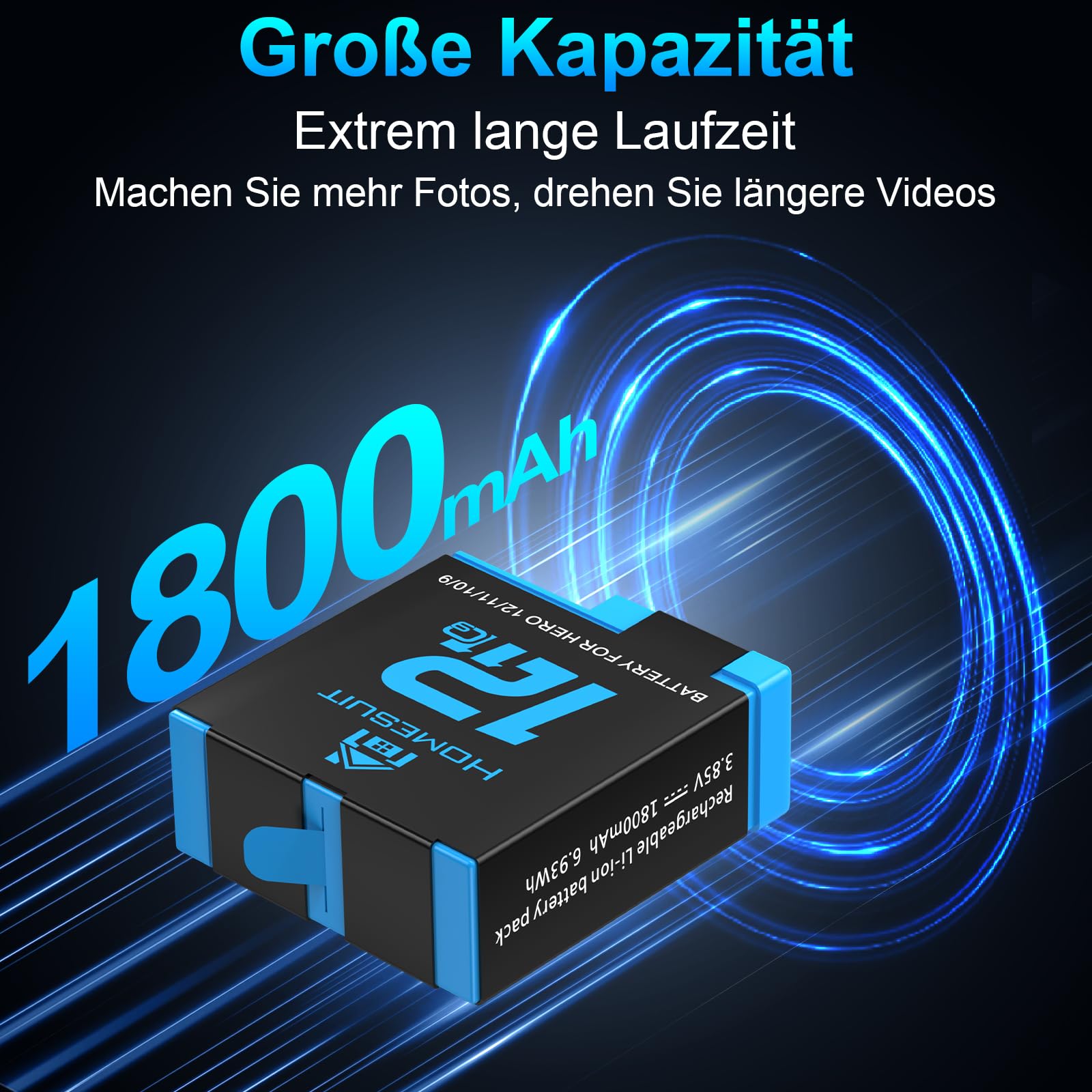Homesuit Hero 12 11 10 9 akumulator 1800 mAh i 3-kanałowa ładowarka LED USB zestaw z typem C do GoproHero12Black, GoproHero11Black, GoproHero10Black, GoproHero9Black (2 sztuki)