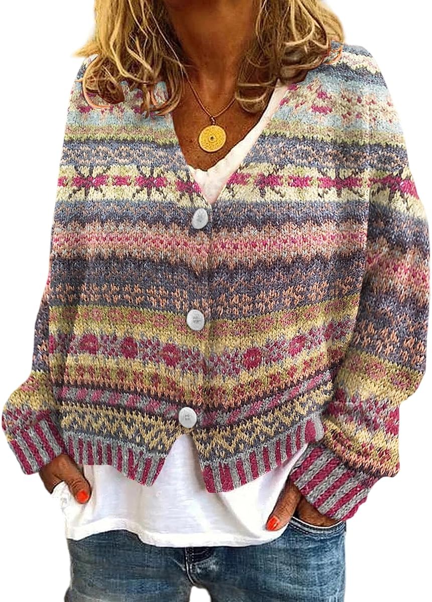 Akivide Women's Oversized Cute Floral Printed Button Down Open Front Cardigan Fall Casual Long Sleeve Cropped Jacket