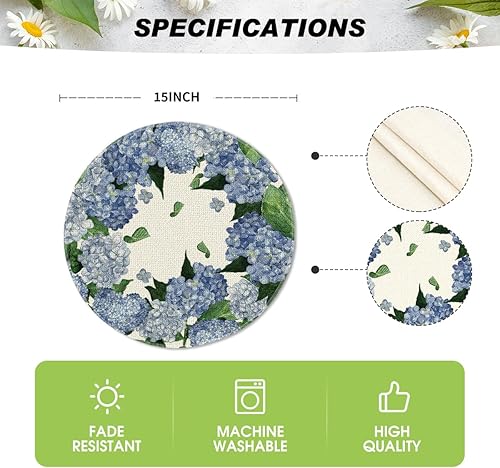 Miniatura 6 de Artoid Mode Juego de 4 manteles individuales redondos de verano de hortensias de acuarela, manteles individuales redondos de verano de 15 pulgadas