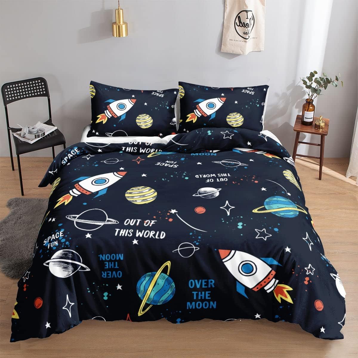 Housse de couette 140x200 fusée spatiale bleue avec 2 taies d'oreiller 65x65 en microfibre
