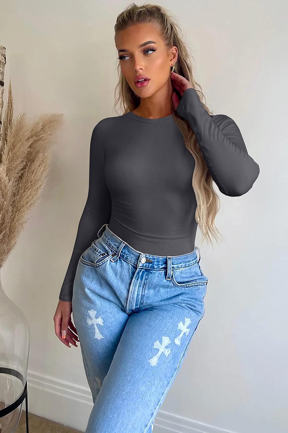 OQQ Womens 3 Piece Long Sleeve Tops Crew Neck Stretch Fitted Underscrubs Layer Tee Shirts 2025 Casual Outfits - Image 3