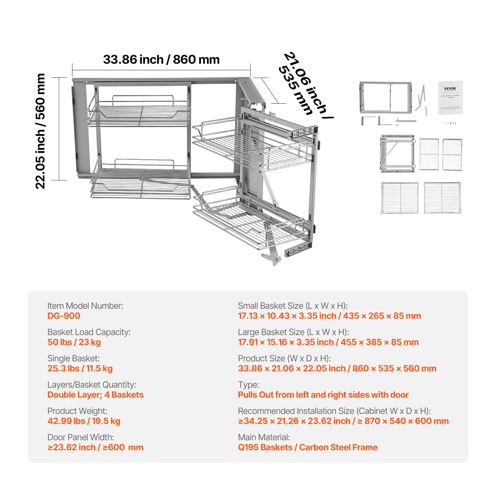 VEVOR Cieco Angolo Estraibile Organizzatore, 2 Tier 4 Ripiani Organizer per Mobile da Cucina, Cestino Portaoggetti in Acciaio al Carbonio Cromato con Apertura a Sinistra Destra 860 x 535 x 560 mm