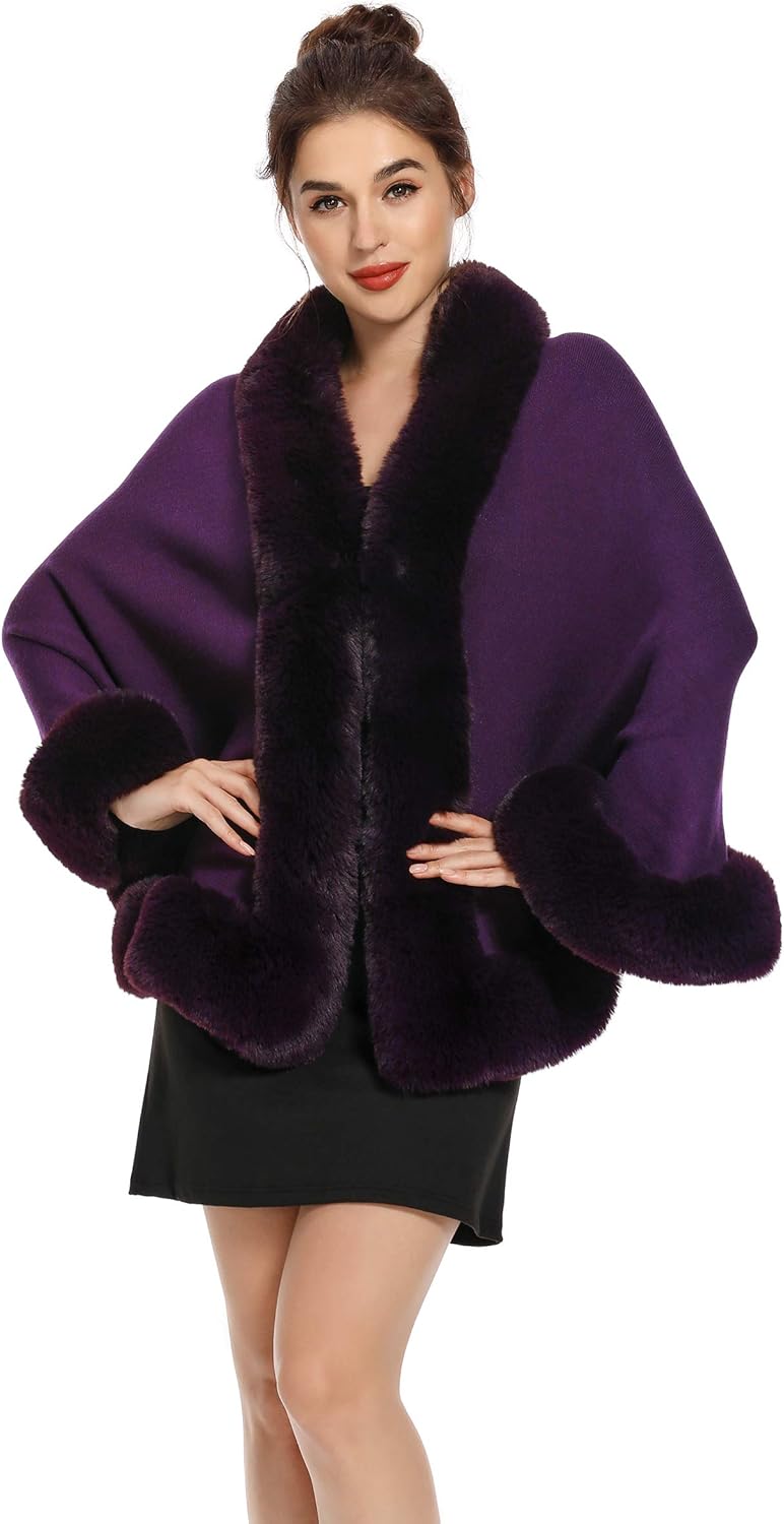 ZLYC Women Winter Faux Fur Shawl Stole Warm Wrap Cape
