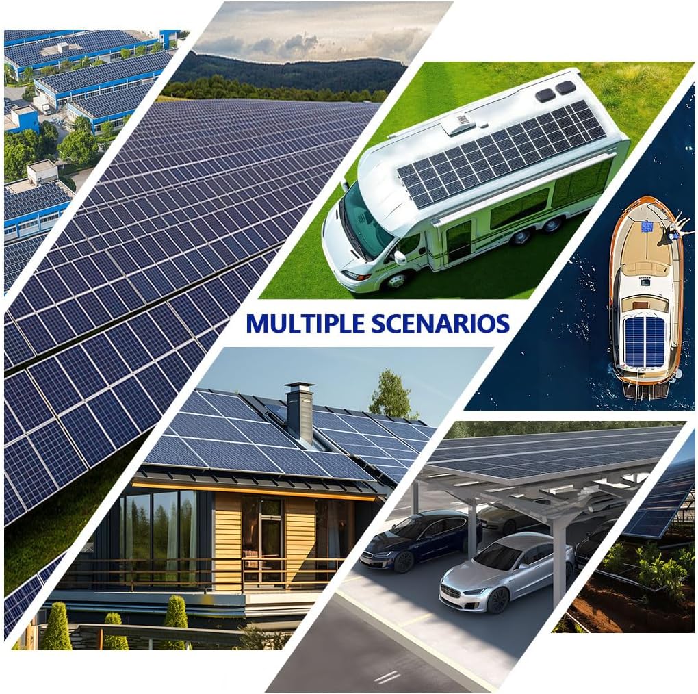 Collage of various scenarios where the solar charge controller can be used, including residential, RV, boat, and off-grid setups.