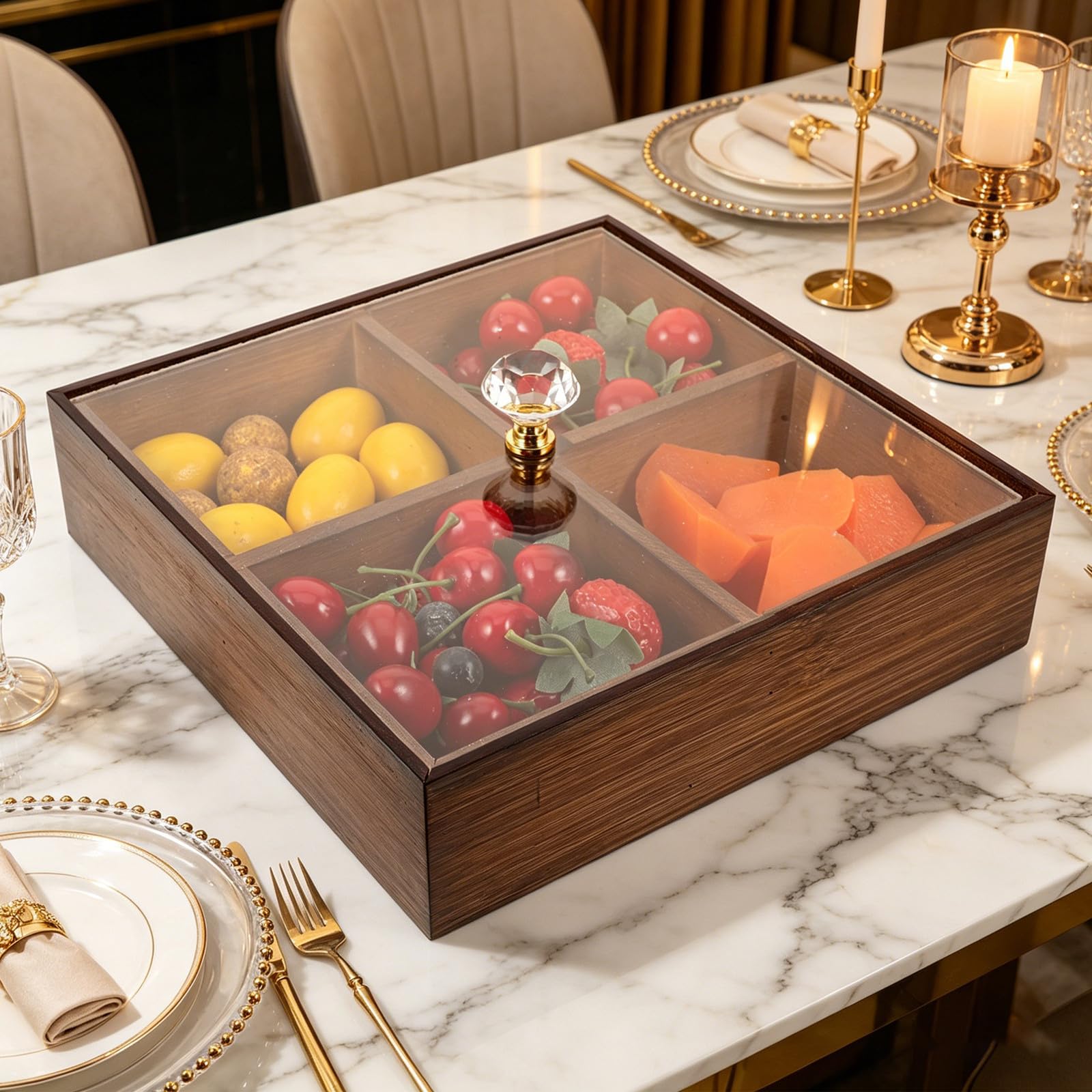 FRCOLOR Bandeja de Bambú Bandeja Dividida de Madera Natural con Tapa y Compartimentos para Frutos Secos para Servir Aperitivos Reuniones